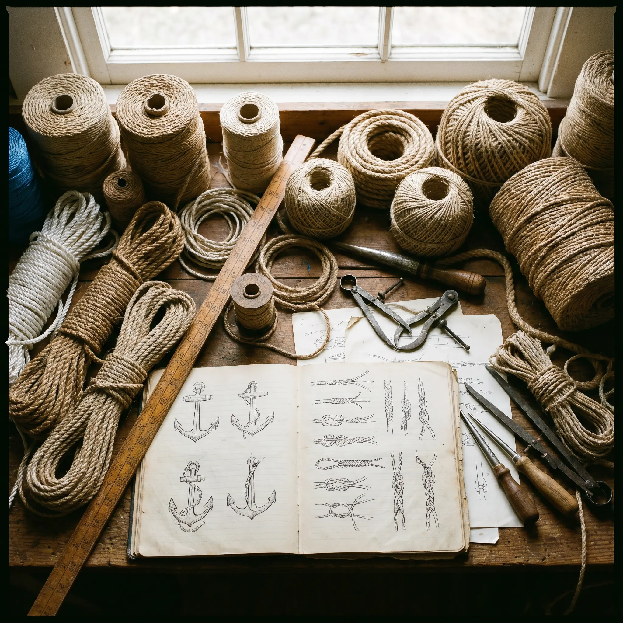 Cordage workbench with samples, ruler marks, and anchor sketches