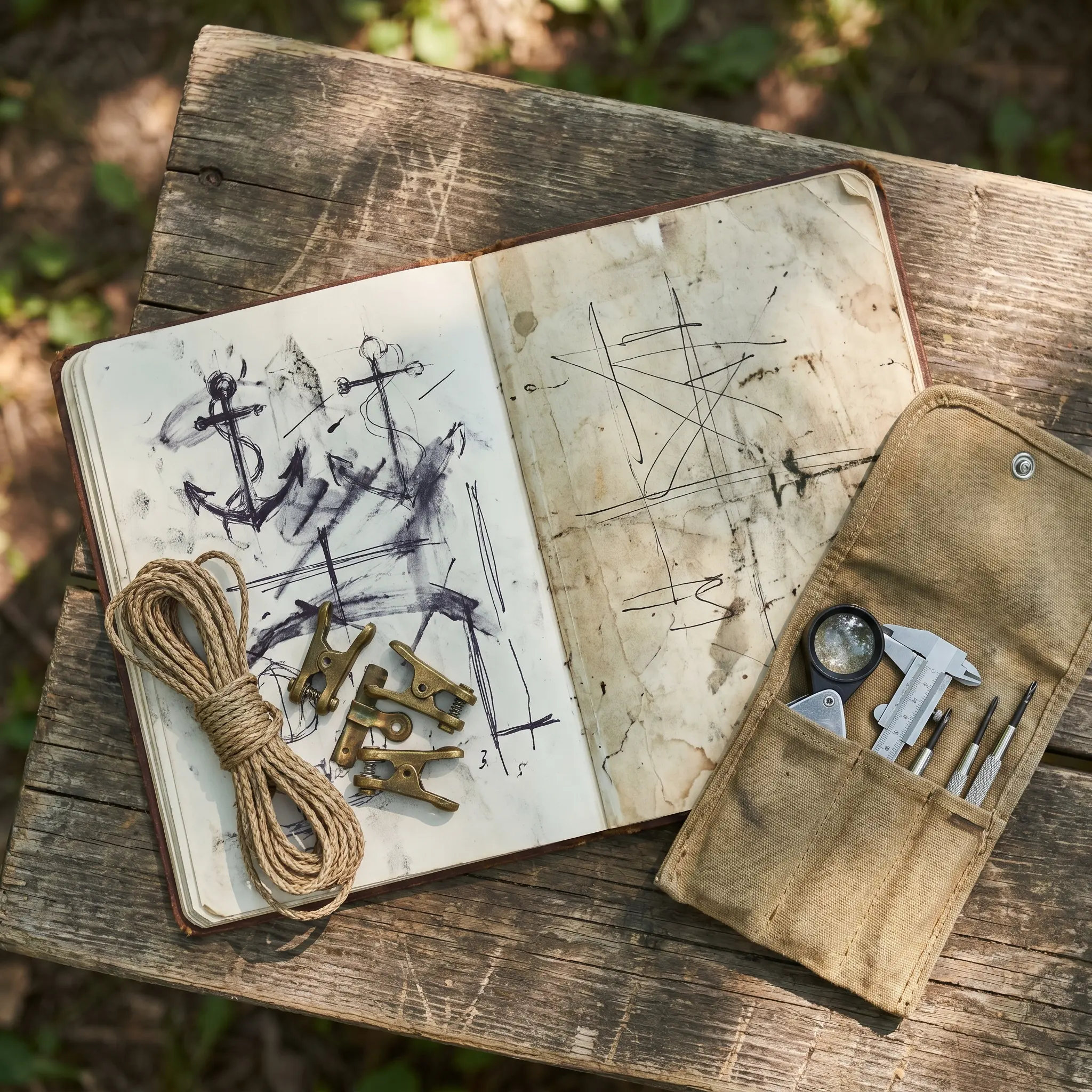 Field notebook with cordage, anchor sketches, and wear marks