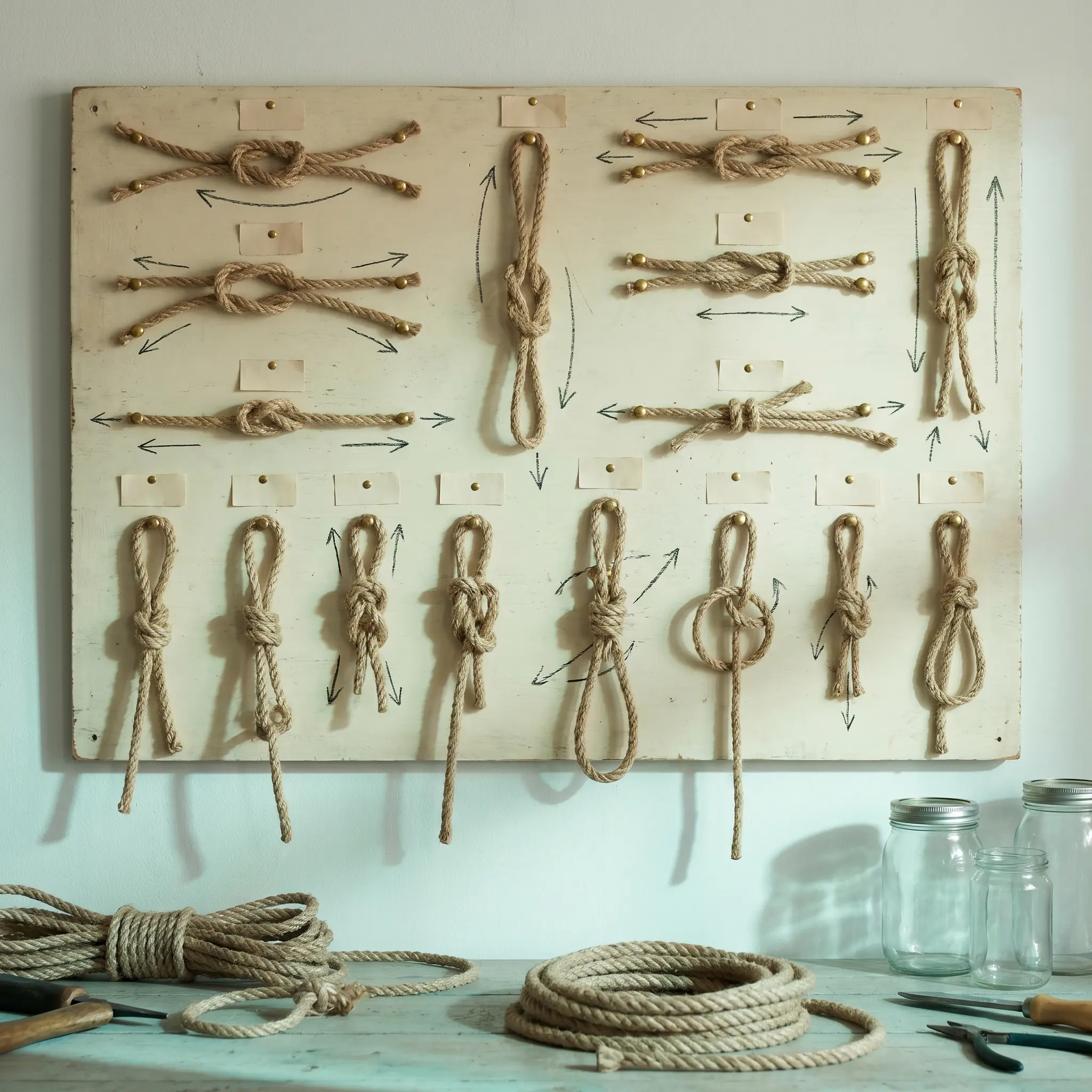 Workshop knot board with cord samples and handwritten markers